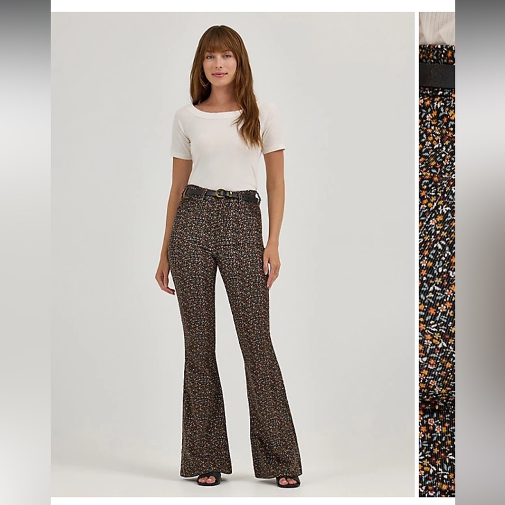 WOMEN'S HIGH RISE FLORAL PRINT CORDUROY FLARE JEAN - Picture 7 of 8